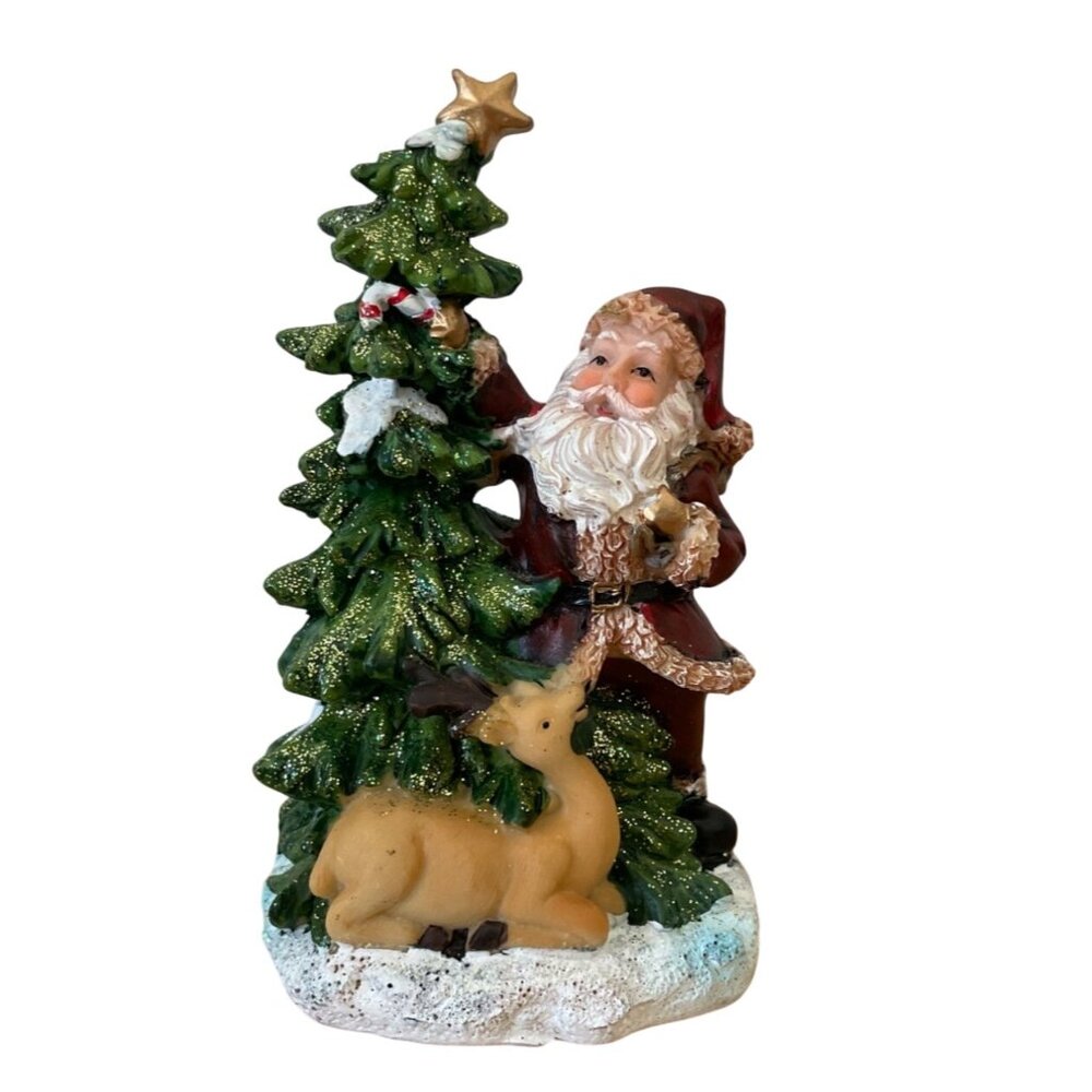 Vintage Resin Santa Claus Figurine with Deer Christmas Tree 6 inch Sparkly